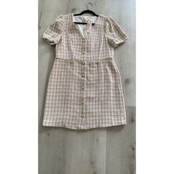 NWT Nanette Lepore tweed dress Buttons style  14 classic elegant warm sand white - Picture 3 of 13
